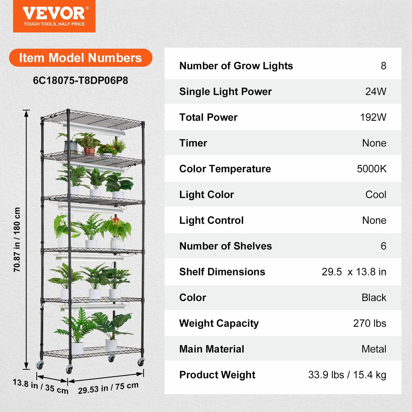 DIY Plant Stand with Grow Lights 6 Eters 192W 70.9" Tall Plant Grow Shelf
