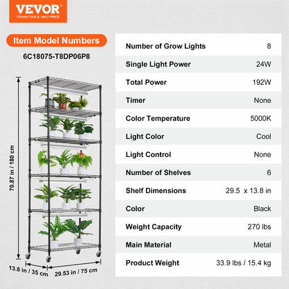 DIY Plant Stand with Grow Lights 6 Eters 192W 70.9" Tall Plant Grow Shelf