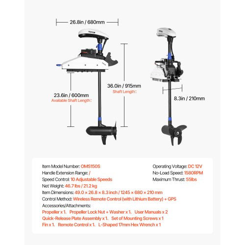 55lb 12V Thrust Electric Trolling Motor Saltwater Boat Motor 36" Shaft | EU