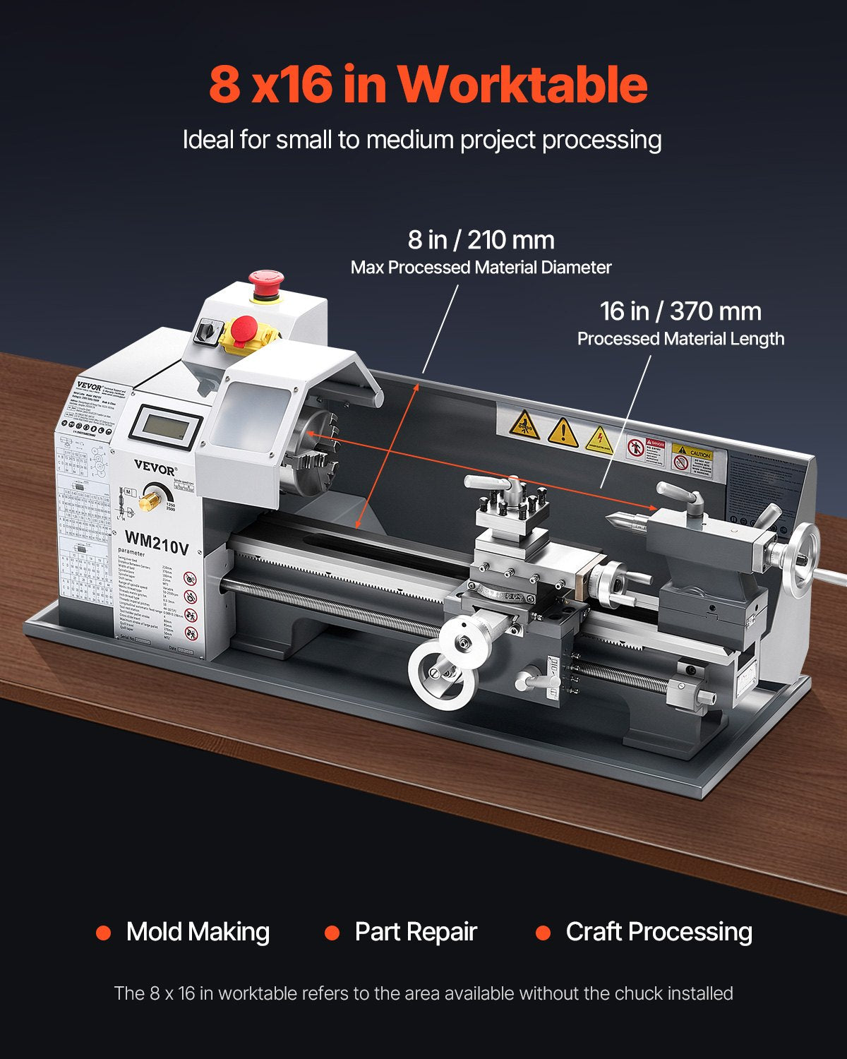 Metal Lathe, 8 x 16 in, 550W Benchtop Lathe Machine, 0-2500 RPM Variable Speed, with 0.0003 in Spindle Accuracy Metal Gear, for Processing Precision Parts Imperial/Metric Thread Soft Metals Wood
