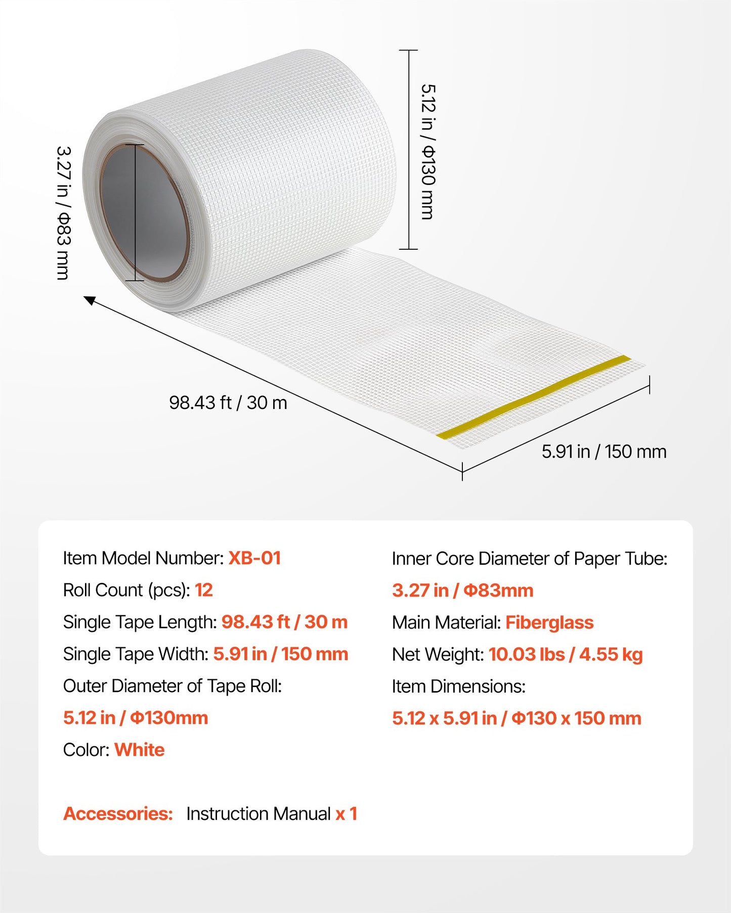 Drywall Mesh Tape, 5.91 inch W x 98.43 ft L Self-Adhesive Fiberglass Drywall Joint Tape, 12 Rolls Dry Wall Patch for Easy Sheetrock Ceiling Crack Repair, to Achieve Smooth Even Wall Surface