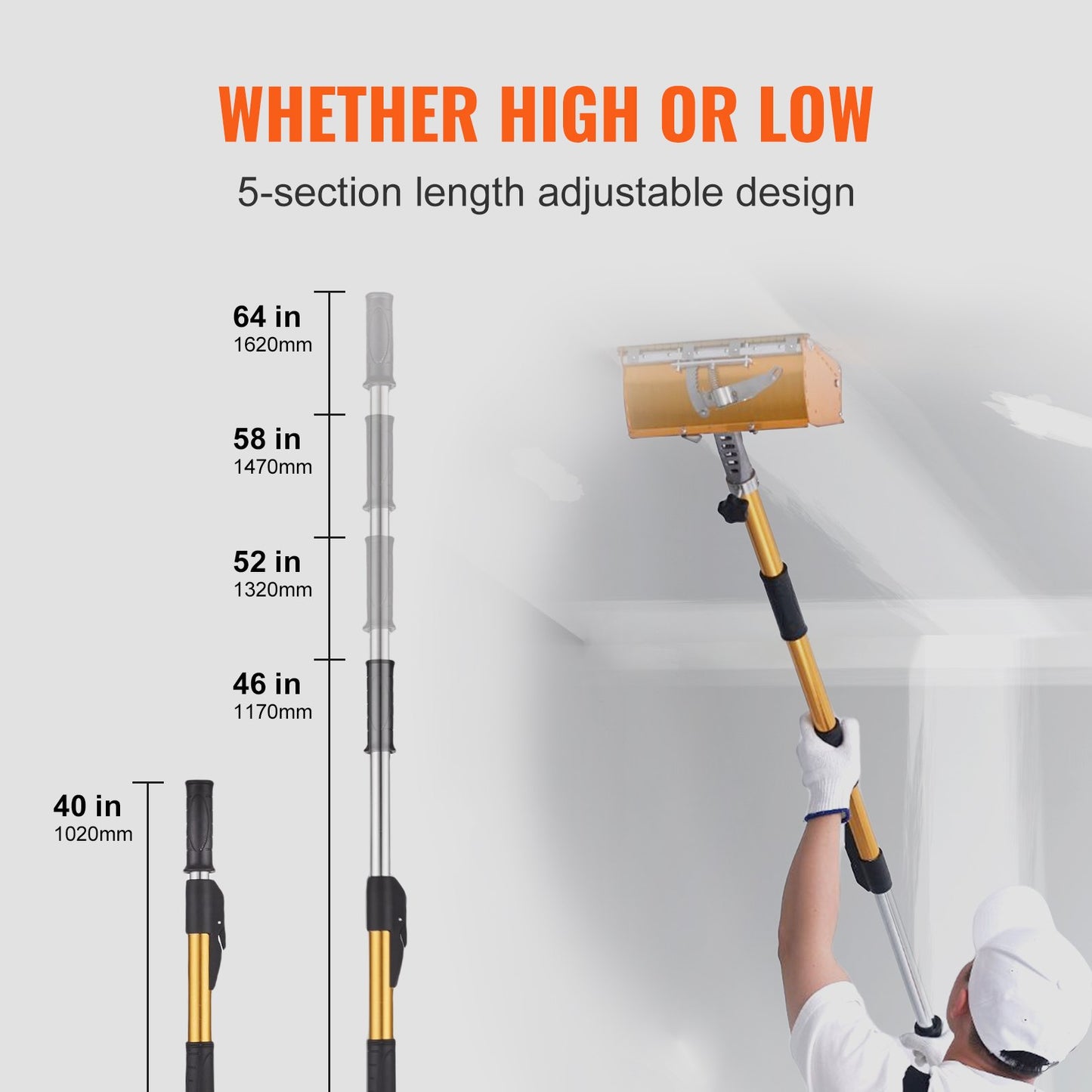 Drywall Flat Box Handle, 40''-64'', Anodized Aluminum Flat Finishing Extension Handle, 5-Section Length Adjustable, Non-slip Grip and 360° Painting for Plasterboard, Wallboard, Sheetrock