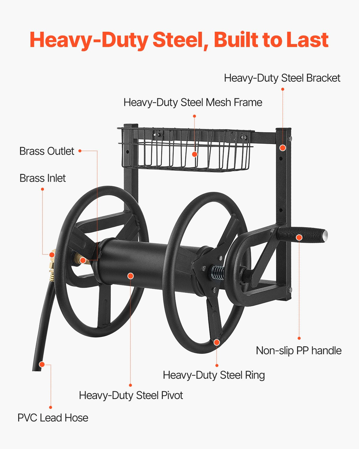 Wall Mounted Garden Hose Reel, Holds 125 ft 5/8-inch Hose, Heavy-Duty Water Hose Winder, Space-Saving Design, Outdoor Manual Reel with Brass Fitting and Storage Basket for Yard Lawn