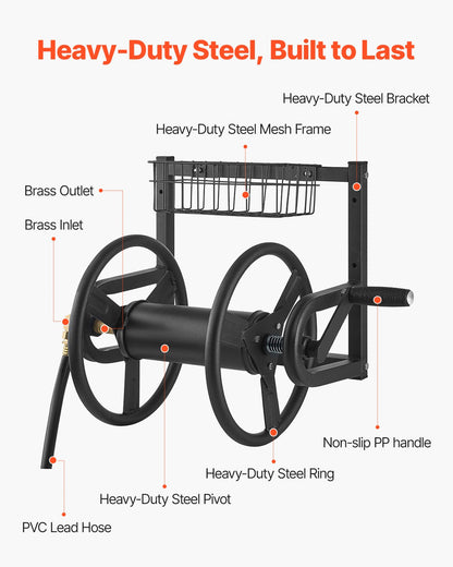 Wall Mounted Garden Hose Reel, Holds 125 ft 5/8-inch Hose, Heavy-Duty Water Hose Winder, Space-Saving Design, Outdoor Manual Reel with Brass Fitting and Storage Basket for Yard Lawn