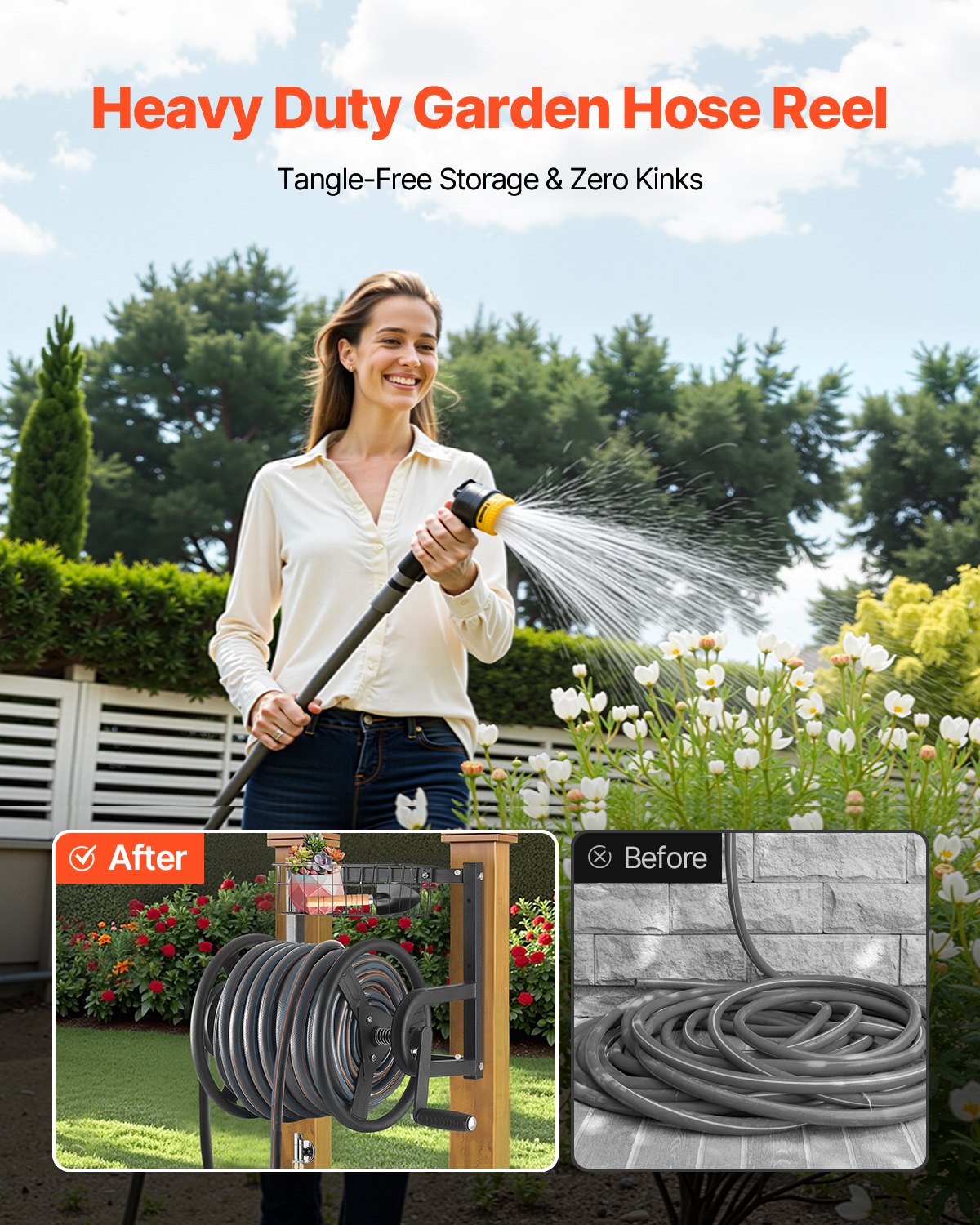 Wall Mounted Garden Hose Reel, Holds 125 ft 5/8-inch Hose, Heavy-Duty Water Hose Winder, Space-Saving Design, Outdoor Manual Reel with Brass Fitting and Storage Basket for Yard Lawn