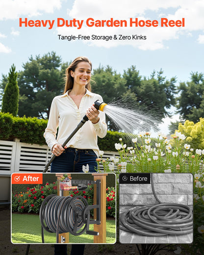 Wall Mounted Garden Hose Reel, Holds 125 ft 5/8-inch Hose, Heavy-Duty Water Hose Winder, Space-Saving Design, Outdoor Manual Reel with Brass Fitting and Storage Basket for Yard Lawn