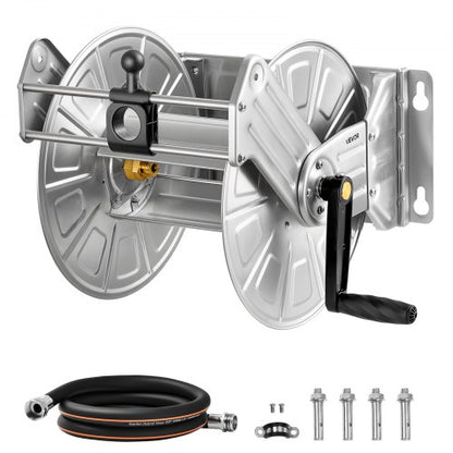 Wall Mounted Garden Hose Reel, Holds 150 ft 5/8-inch Water Hose Winder, Heavy-Duty Stainless Steel, Outdoor Manual Reel with Brass Fitting & Hose Guide, Space Saving, for Yard Lawn Garage