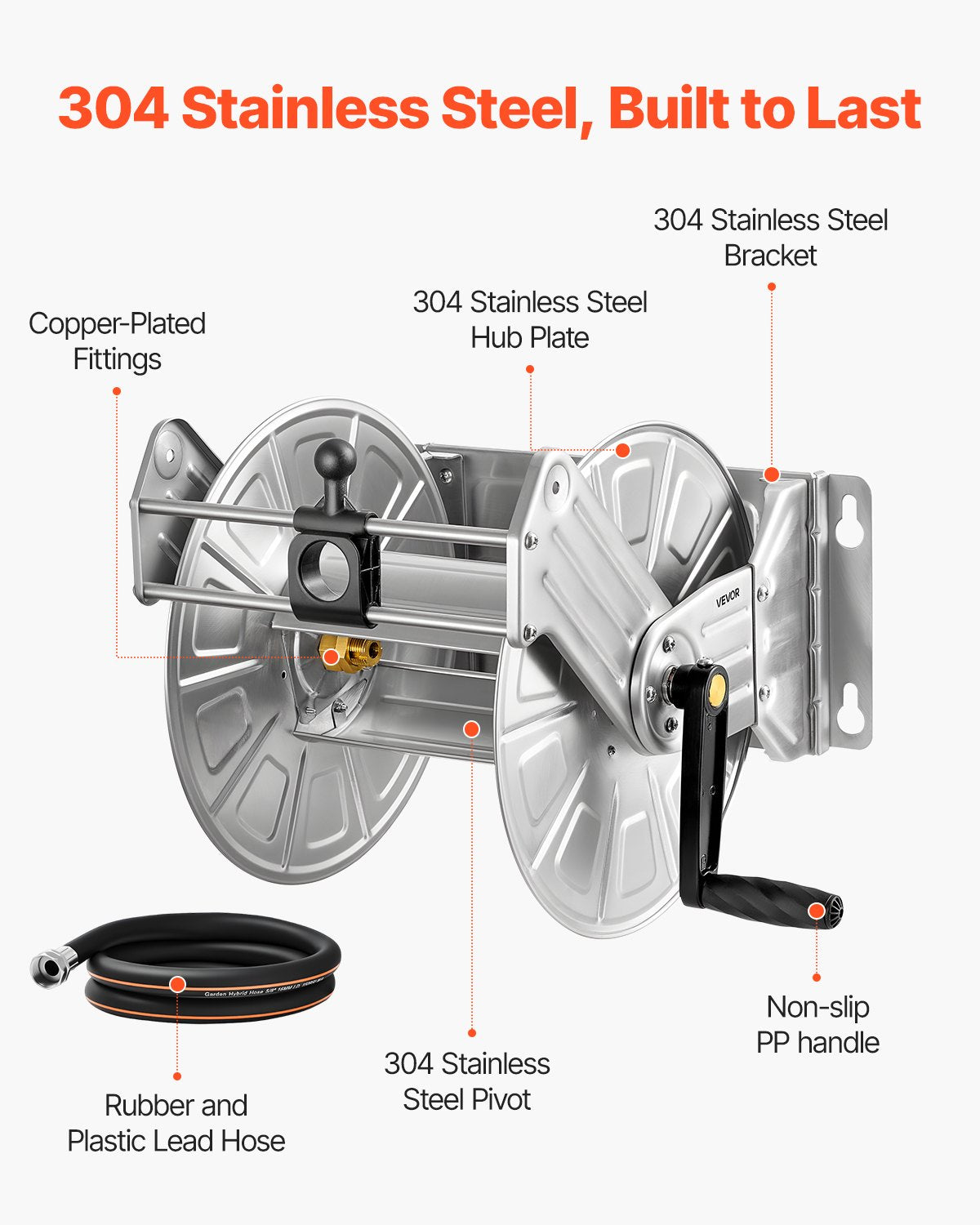 Wall Mounted Garden Hose Reel, Holds 150 ft 5/8-inch Water Hose Winder, Heavy-Duty Stainless Steel, Outdoor Manual Reel with Brass Fitting & Hose Guide, Space Saving, for Yard Lawn Garage