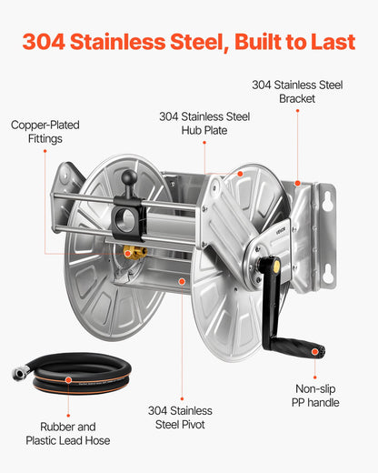 Wall Mounted Garden Hose Reel, Holds 150 ft 5/8-inch Water Hose Winder, Heavy-Duty Stainless Steel, Outdoor Manual Reel with Brass Fitting & Hose Guide, Space Saving, for Yard Lawn Garage