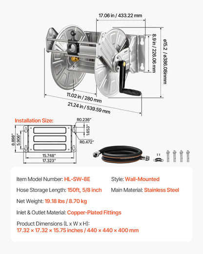 Wall Mounted Garden Hose Reel, Holds 150 ft 5/8-inch Water Hose Winder, Heavy-Duty Stainless Steel, Outdoor Manual Reel with Brass Fitting & Hose Guide, Space Saving, for Yard Lawn Garage