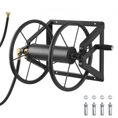 Wall Mounted Garden Hose Reel, Holds 200 ft 5/8-inch Manual Water Hose Winder, Heavy-Duty Steel, Outdoor Reel with Brass Fitting & 5ft Leader Hose, Space Saving, for Yard Lawn Garage