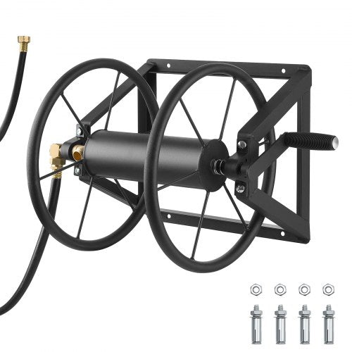 Wall Mounted Garden Hose Reel, Holds 200 ft 5/8-inch Manual Water Hose Winder, Heavy-Duty Steel, Outdoor Reel with Brass Fitting & 5ft Leader Hose, Space Saving, for Yard Lawn Garage