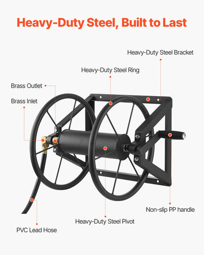 Wall Mounted Garden Hose Reel, Holds 200 ft 5/8-inch Manual Water Hose Winder, Heavy-Duty Steel, Outdoor Reel with Brass Fitting & 5ft Leader Hose, Space Saving, for Yard Lawn Garage