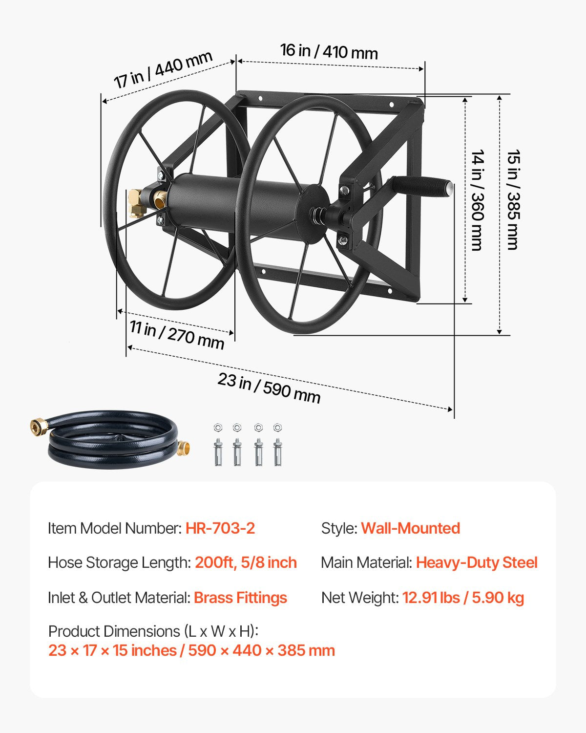 Wall Mounted Garden Hose Reel, Holds 200 ft 5/8-inch Manual Water Hose Winder, Heavy-Duty Steel, Outdoor Reel with Brass Fitting & 5ft Leader Hose, Space Saving, for Yard Lawn Garage