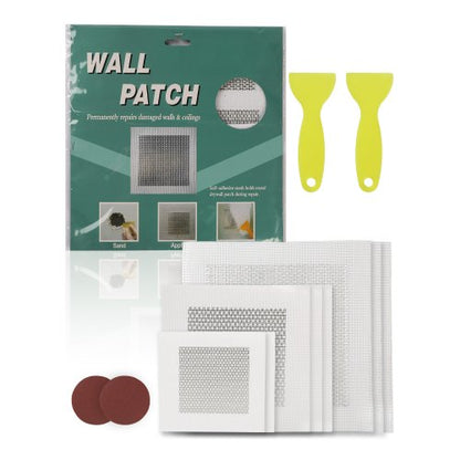 16PCS Drywall Repair Kit, 4/6/8-inch Aluminum Dry Wall Repair Patch Kit with 2 Scrapers & 2 Sandpapers, Self-Adhesive Drywall Patches for Nail Holes, Wall Cracks, Peeling, Scraping