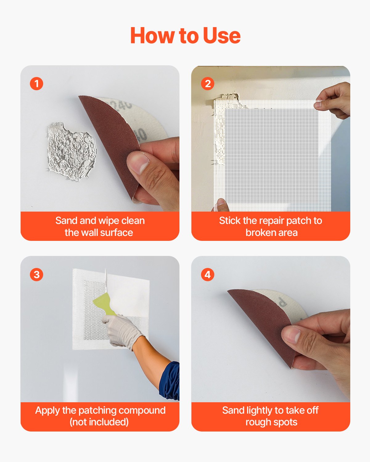 16PCS Drywall Repair Kit, 4/6/8-inch Aluminum Dry Wall Repair Patch Kit with 2 Scrapers & 2 Sandpapers, Self-Adhesive Drywall Patches for Nail Holes, Wall Cracks, Peeling, Scraping