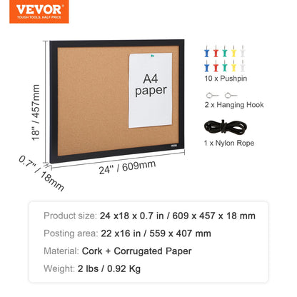 Cork Board, 24 x 18 inches, Double-sided Bulletin Board with MDF Sticker Frame, Vision Board Includes 10 Pushpins, for Display and Decoration in Office Home and School