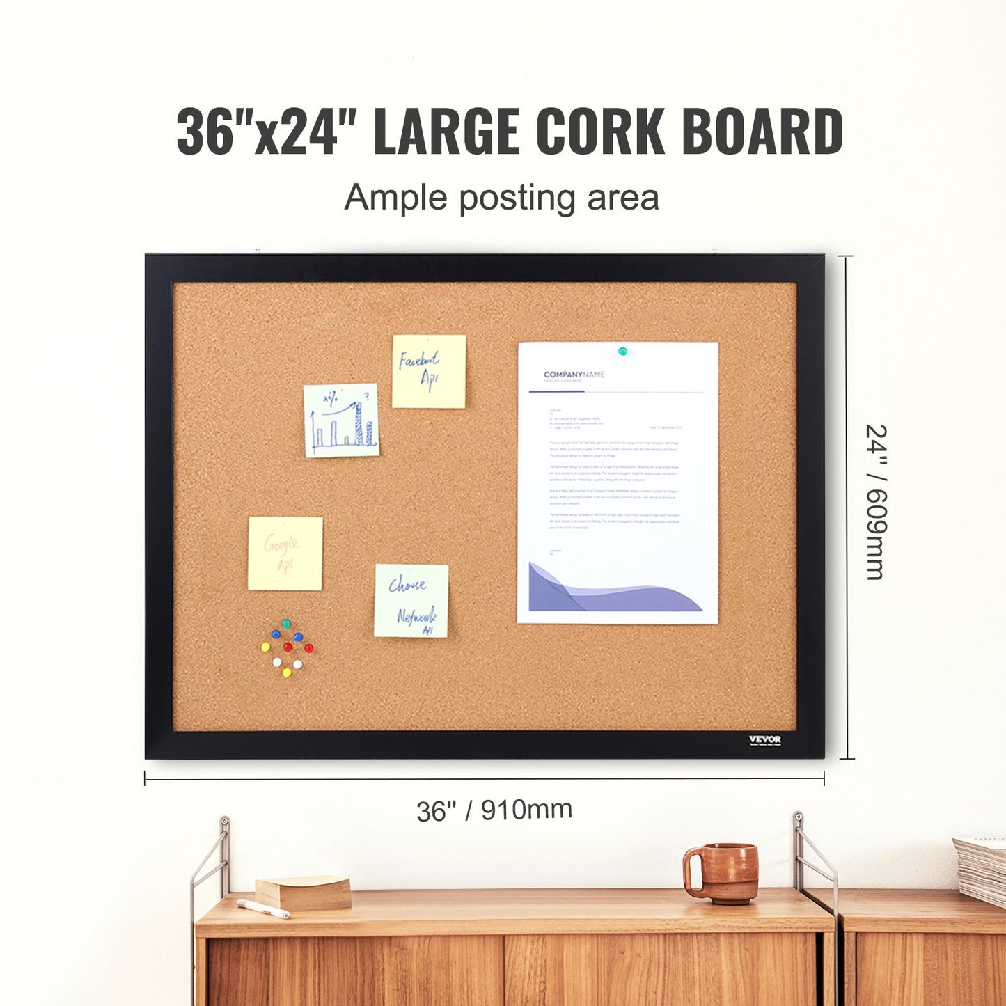 Cork Board, 36x24 inch Bulletin Board with MDF Adhesive Frame, Vision Board includes 10 knitting needles, for display and decoration in office home and school