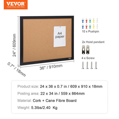 Cork Board, 36x24 inch Bulletin Board with MDF Adhesive Frame, Vision Board includes 10 knitting needles, for display and decoration in office home and school