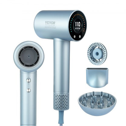 High-Speed Hair Dryer with 105,000RPM Brushless Motor, 200 Million Negative Ions Hair Blow Dryer, 4 Temps & 3 Speeds, LCD Display Thermo-Control Hairdryer with Diffuser & Nozzle for Home Travel