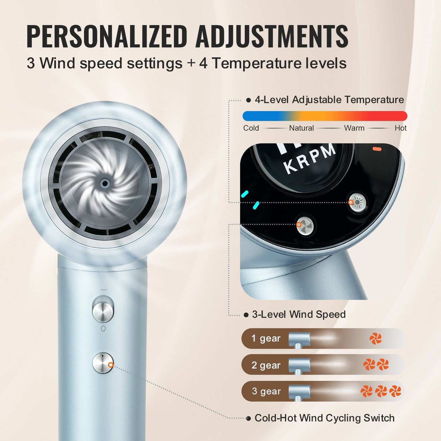 High-Speed Hair Dryer with 105,000RPM Brushless Motor, 200 Million Negative Ions Hair Blow Dryer, 4 Temps & 3 Speeds, LCD Display Thermo-Control Hairdryer with Diffuser & Nozzle for Home Travel