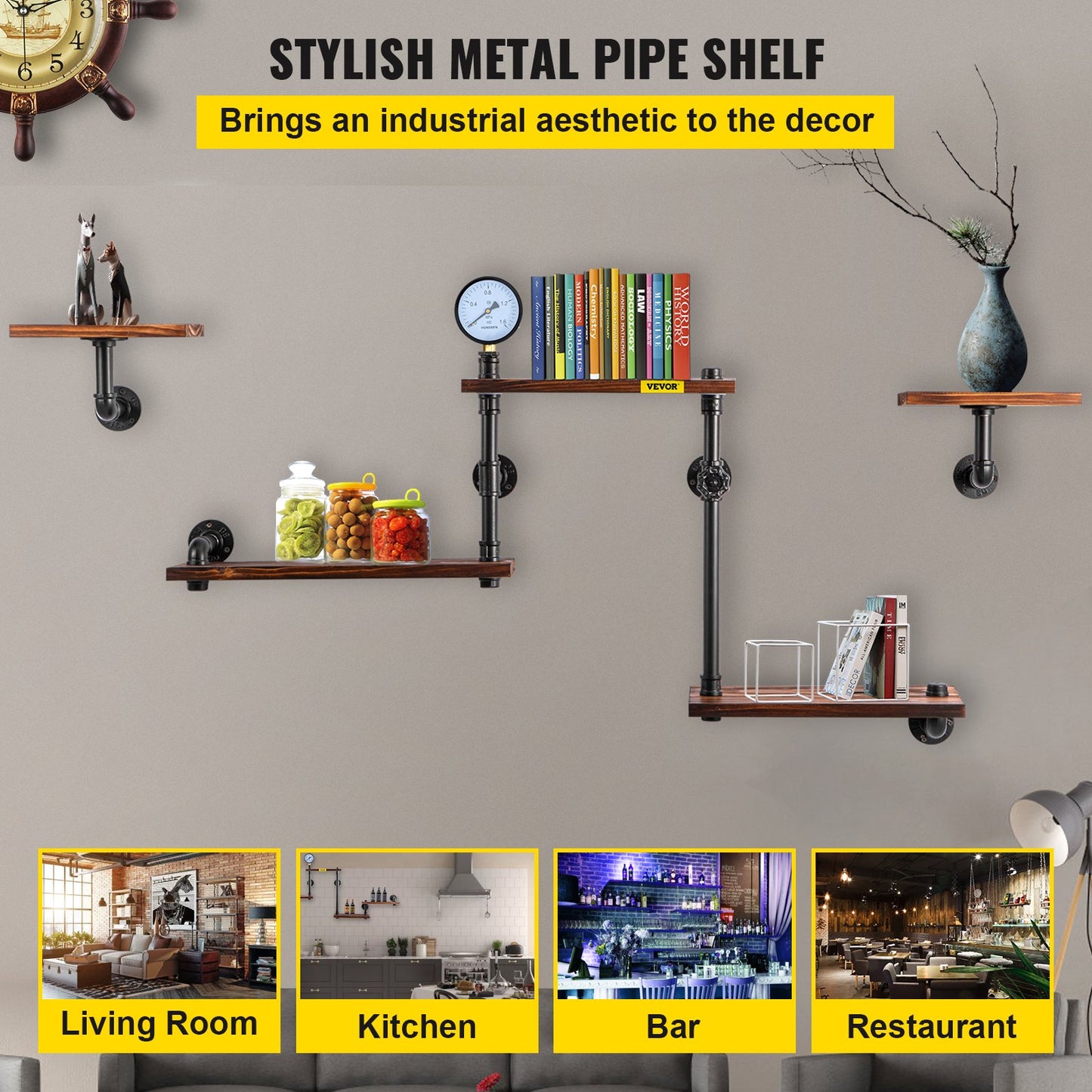 Industrial Pipe Shelving, Pipe Shelves with 5-Tier Wood Planks, Rustic Floating Shelves Wall Mounted, Wall Shelf DIY Bookshelf for Bar Kitchen Bathroom Farmhouse Living Room, 47x28x9 inch