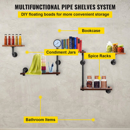 Industrial Pipe Shelving, Pipe Shelves with 5-Tier Wood Planks, Rustic Floating Shelves Wall Mounted, Wall Shelf DIY Bookshelf for Bar Kitchen Bathroom Farmhouse Living Room, 47x28x9 inch