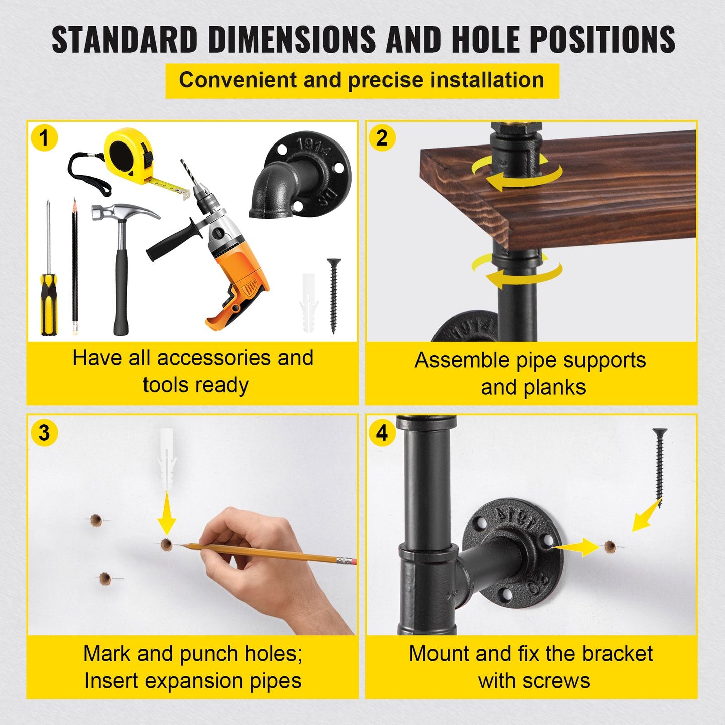Pipe Shelving, Industrial Floating Shelves with 4-Tier Solid Wood Planks, Modern Rustic Floating Shelves Wall Mounted, DIY Storage Bracket for Bookshelf, Kitchen, Bathroom, Home Decor, Brown