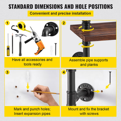 Pipe Shelving, Industrial Floating Shelves with 4-Tier Solid Wood Planks, Modern Rustic Floating Shelves Wall Mounted, DIY Storage Bracket for Bookshelf, Kitchen, Bathroom, Home Decor, Brown