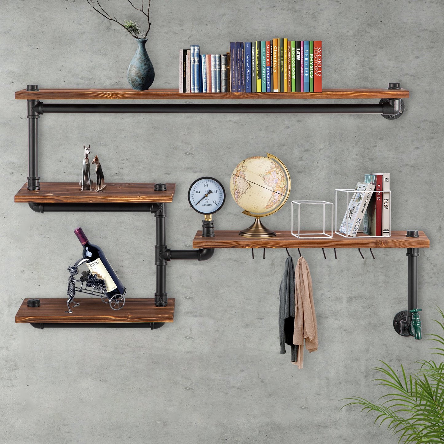 Pipe Shelving, Industrial Floating Shelves with 4-Tier Solid Wood Planks, Modern Rustic Floating Shelves Wall Mounted, DIY Storage Bracket for Bookshelf, Kitchen, Bathroom, Home Decor, Brown
