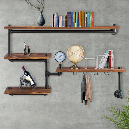 Pipe Shelving, Industrial Floating Shelves with 4-Tier Solid Wood Planks, Modern Rustic Floating Shelves Wall Mounted, DIY Storage Bracket for Bookshelf, Kitchen, Bathroom, Home Decor, Brown