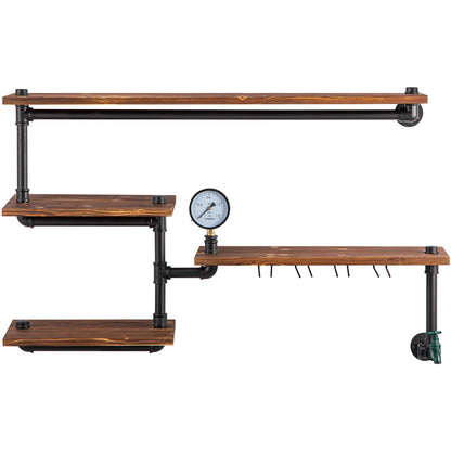 Pipe Shelving, Industrial Floating Shelves with 4-Tier Solid Wood Planks, Modern Rustic Floating Shelves Wall Mounted, DIY Storage Bracket for Bookshelf, Kitchen, Bathroom, Home Decor, Brown