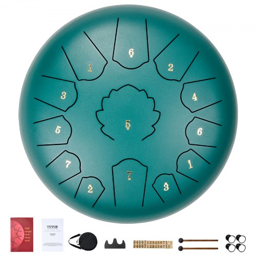 Steel Tongue Drum, 12 in & 13 Notes, C Major Steel Drum for Outside Garden, with 2 Mallets & Carry Bag, Hand Pan Drum Percussion Instrument for Meditation Musical Education Yoga, Green