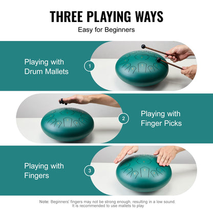Steel Tongue Drum, 12 in & 13 Notes, C Major Steel Drum for Outside Garden, with 2 Mallets & Carry Bag, Hand Pan Drum Percussion Instrument for Meditation Musical Education Yoga, Green