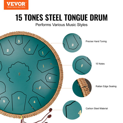 Steel Tongue Drum 14 in 15 Notes Regntrumma för Outside D Major Green