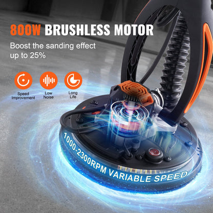 Drywall Sander, 800W Brushless Motor Electric Sander, Variable Speed 1000-2300 RPM Wall Sander, Foldable Ceiling Sander with Double-Deck LED Lights, Extendable Handle, 12 Sanding Discs