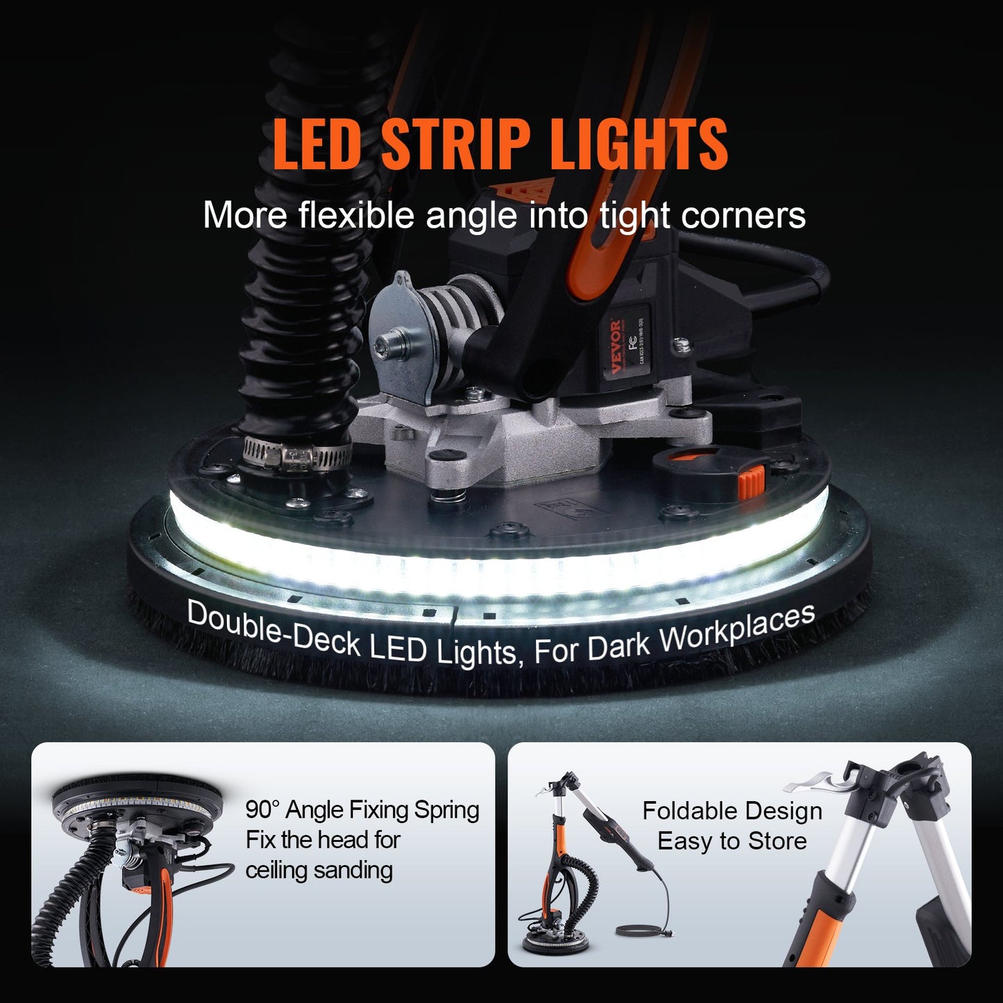 Drywall Sander, 800W Brushless Motor Electric Sander, Variable Speed 1000-2300 RPM Wall Sander, Foldable Ceiling Sander with Double-Deck LED Lights, Extendable Handle, 12 Sanding Discs