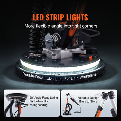 Drywall Sander, 800W Brushless Motor Electric Sander, Variable Speed 1000-2300 RPM Wall Sander, Foldable Ceiling Sander with Double-Deck LED Lights, Extendable Handle, 12 Sanding Discs