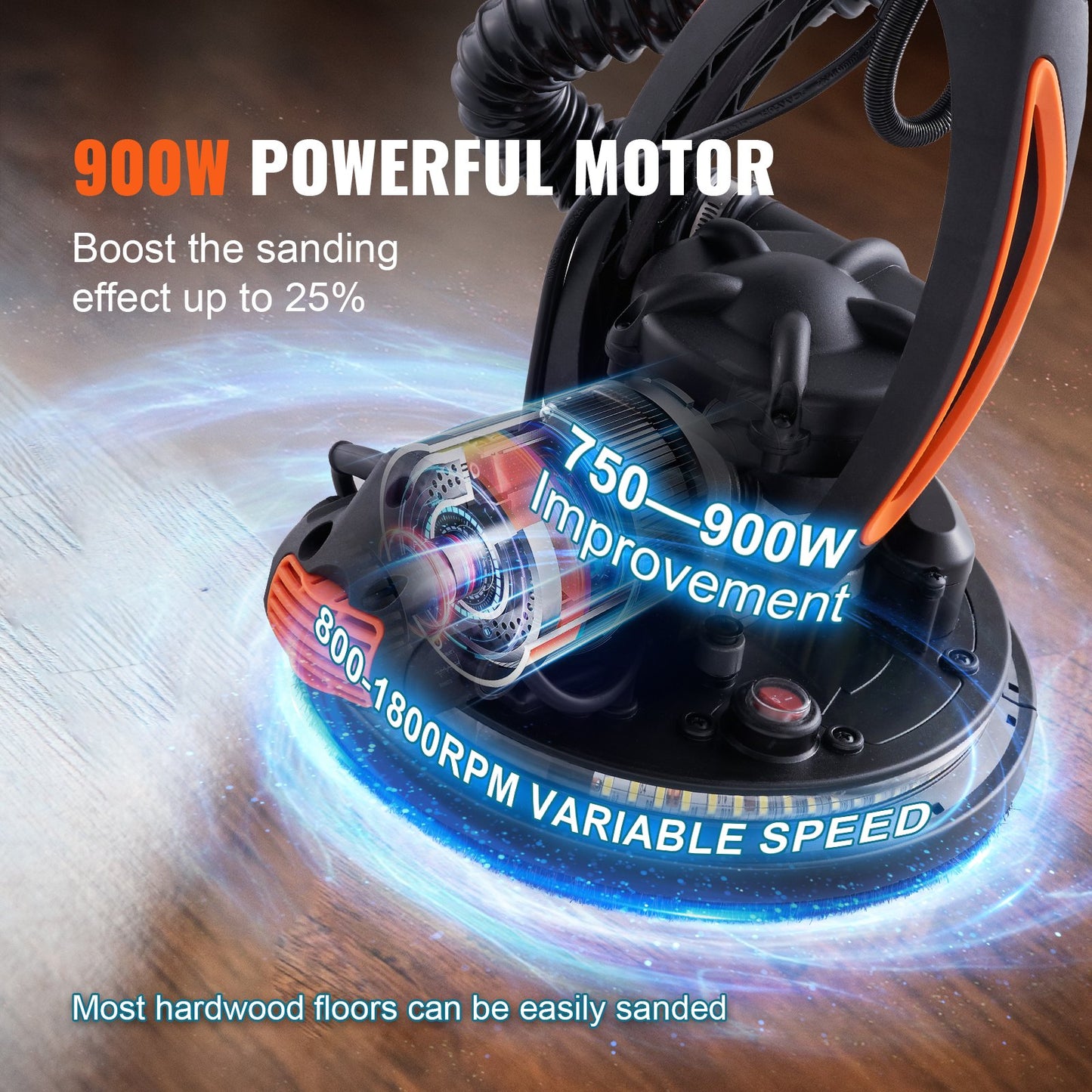 Wall Smoother, 900W Power Tool, Includes 12 Sanding Pads, Adjustable Speeds from 800-1800 RPM, 3 Vacuum Tubes, Collapsible Design for Ceilings, Dual LED, Telescopic Grip & Dust Collector