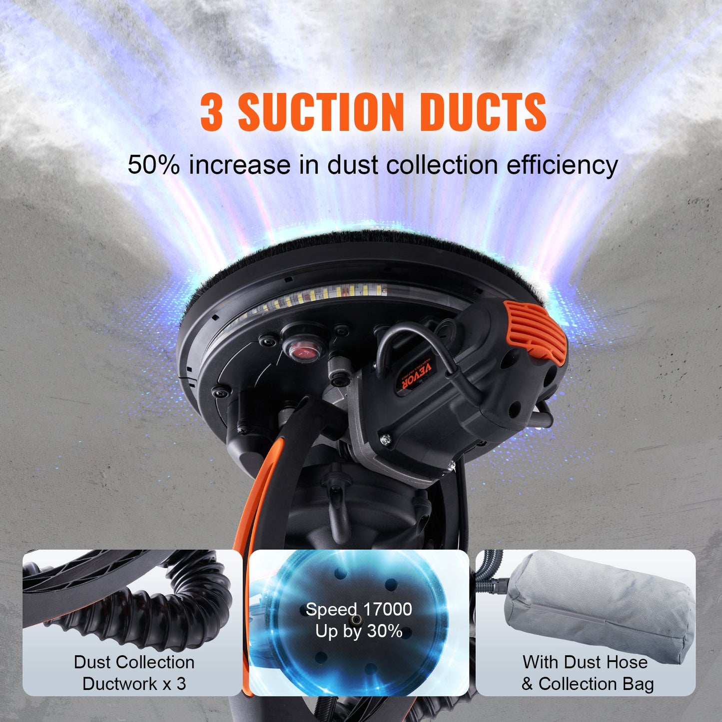 Wall Smoother, 900W Power Tool, Includes 12 Sanding Pads, Adjustable Speeds from 800-1800 RPM, 3 Vacuum Tubes, Collapsible Design for Ceilings, Dual LED, Telescopic Grip & Dust Collector