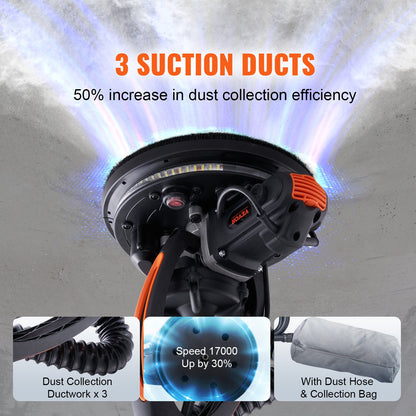 Wall Smoother, 900W Power Tool, Includes 12 Sanding Pads, Adjustable Speeds from 800-1800 RPM, 3 Vacuum Tubes, Collapsible Design for Ceilings, Dual LED, Telescopic Grip & Dust Collector