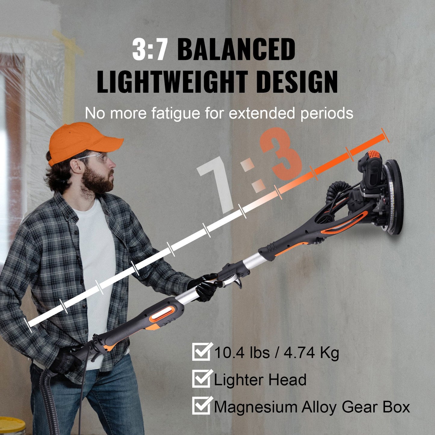 Wall Smoother, 900W Power Tool, Includes 12 Sanding Pads, Adjustable Speeds from 800-1800 RPM, 3 Vacuum Tubes, Collapsible Design for Ceilings, Dual LED, Telescopic Grip & Dust Collector