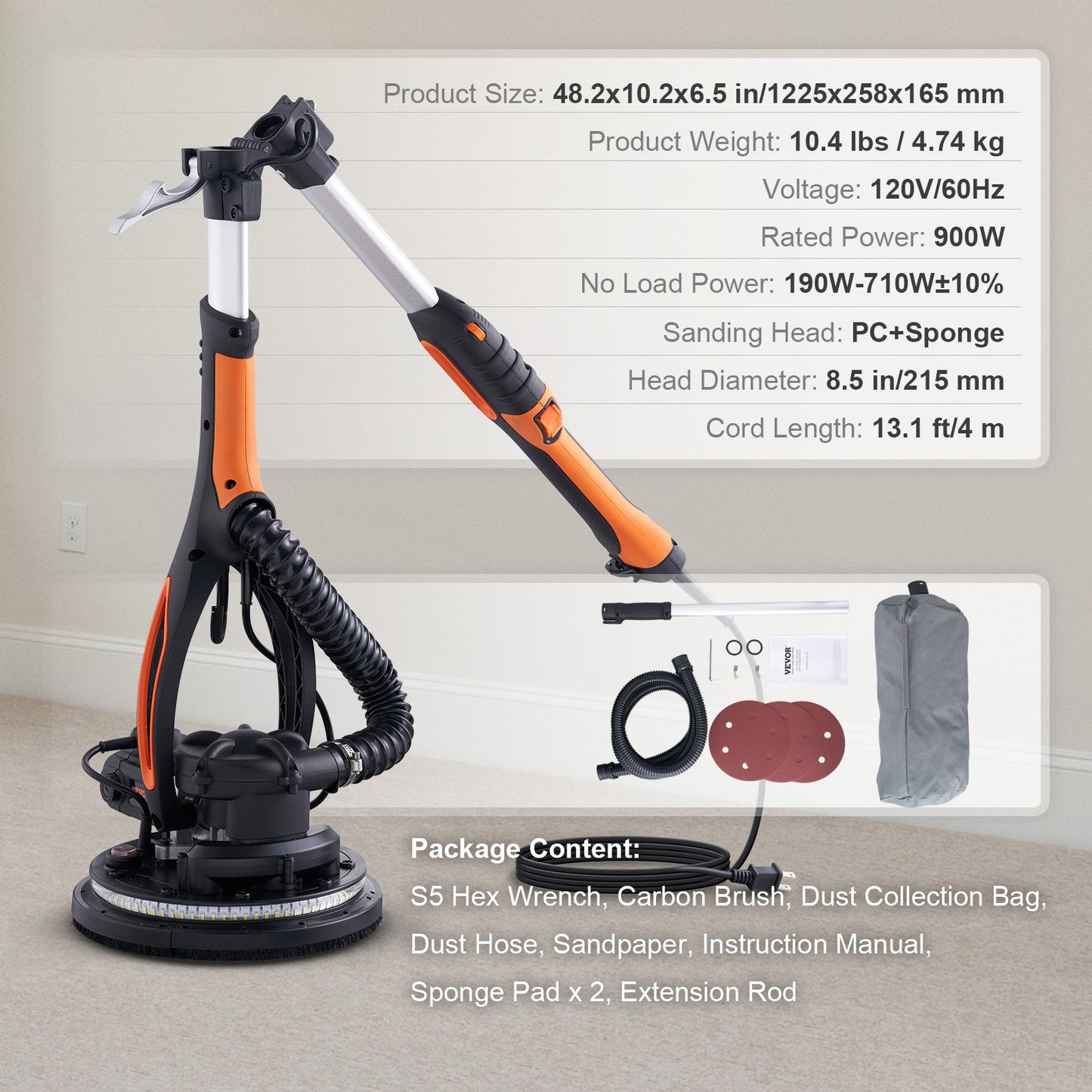 Wall Smoother, 900W Power Tool, Includes 12 Sanding Pads, Adjustable Speeds from 800-1800 RPM, 3 Vacuum Tubes, Collapsible Design for Ceilings, Dual LED, Telescopic Grip & Dust Collector