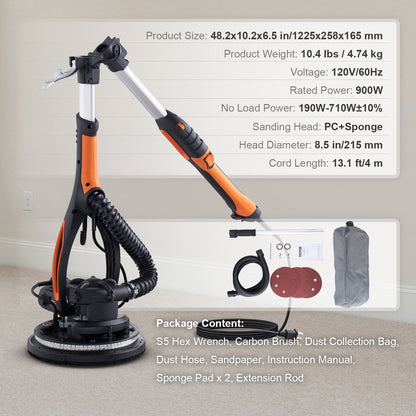 Wall Smoother, 900W Power Tool, Includes 12 Sanding Pads, Adjustable Speeds from 800-1800 RPM, 3 Vacuum Tubes, Collapsible Design for Ceilings, Dual LED, Telescopic Grip & Dust Collector