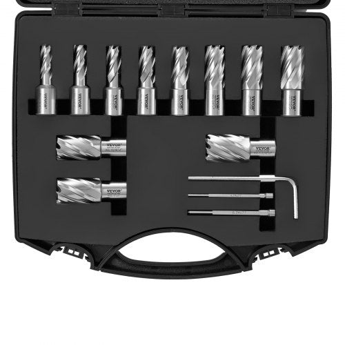 Annular Cutter Set, 13 pcs Weldon Shank Mag Drill Bits, 7/16" to 1-1/16" Cutting Diameter, 1" Cutting Depth, M2AL HSS, 2 Pilot Pins, Hex Wrench and Portable Case, for Using with Magnetic Drills