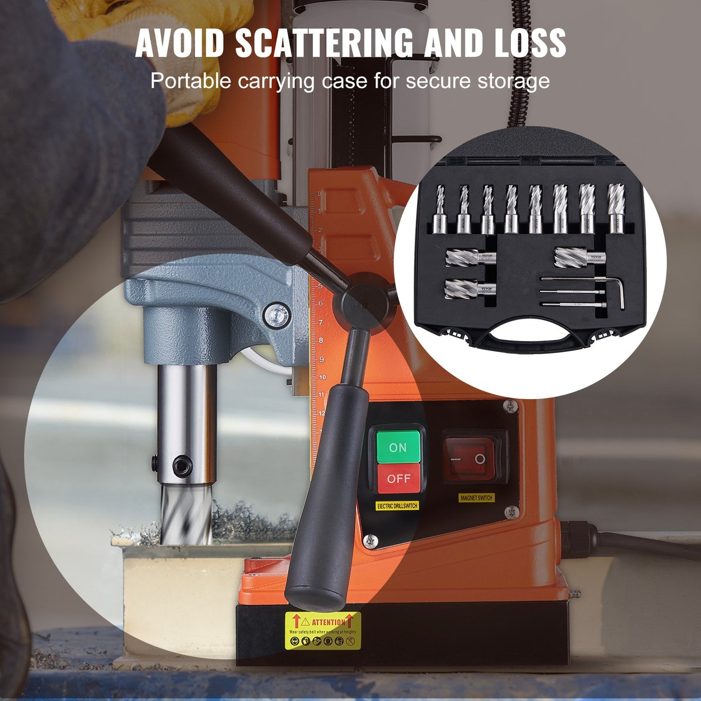 Ringschneider-Satz, 13-teiliger Weldon-Schaft-Mag-Bohrer, 1 Zoll Schnitttiefe, 7/16 Zoll bis 1-1/16 Zoll Schnittdurchmesser, M2AL HSS, 2 Führungsstifte, Sechskantschlüssel und tragbarer Koffer, zur Verwendung mit Magnetbohrmaschinen