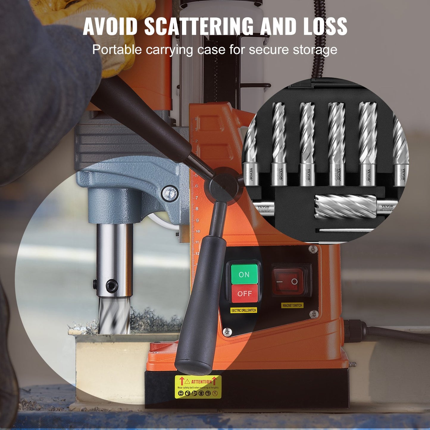Ringformigt skärset, 13 st Weldon Shank Mag-borr, 2" skärdjup, 7/16" till 1-1/16" skärdiameter, M2AL HSS, med 2 pilotstift, sexkantsnyckel och bärbart fodral, för användning med magnetiska Dr.