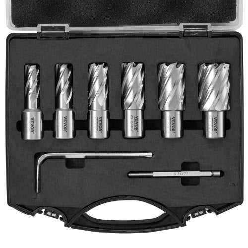 Annular Cutter Set, 6 pcs Weldon Shank Mag Drill Bits, 1/2" to 1-1/16" Cutting Diameter, 1" Cutting Depth, M2AL High-Speed Steel, with Pilot Pin and Portable Case, for Using with Magnetic Drills