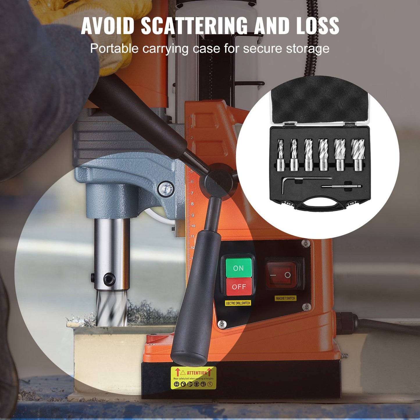 Ringformigt skärset, 6 st Weldon Shank Mag-borr, 1" skärdjup, 1/2" till 1-1/16" skärdiameter, M2AL höghastighetstål, med pilotstift och bärbart fodral, för användning med magnetiska borrar