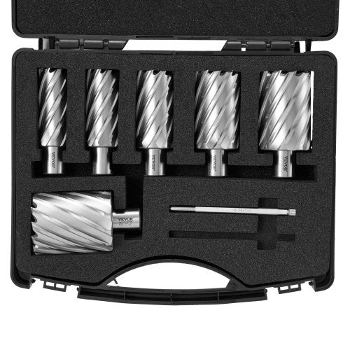 Annular Cutter Set, 6 pcs Weldon Shank Mag Drill Bits, 1" to 2" Cutting Diameter, 2" Cutting Depth, M2AL High-Speed Steel, with 2 Pilot Pins and Portable Case, for Using with Magnetic Drills
